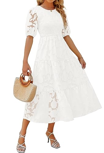 ZESICA Women's 2024 Summer Short Puff Sleeve Crewneck Smocked Floral Lace Flowy A Line Tiered Maxi Dresses,White,X-Large