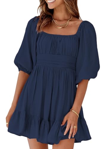 Dokotoo Womens Square Neck Summer Dresses Shirred Elastic Waist Tie Backless Sexy Dress Puff Sleeve Ruffle A-Line Casual Blue Mini Dress for Wedding Guest Small