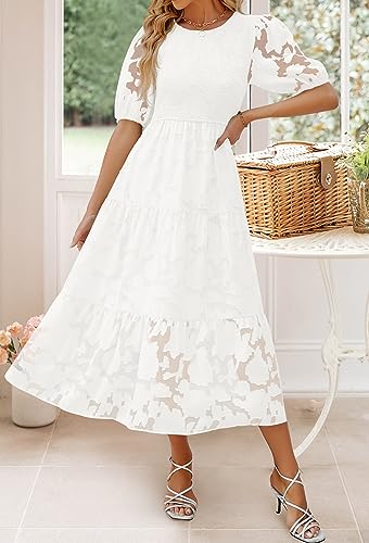 ZESICA Women's 2024 Summer Short Puff Sleeve Crewneck Smocked Floral Lace Flowy A Line Tiered Maxi Dresses,White,X-Large