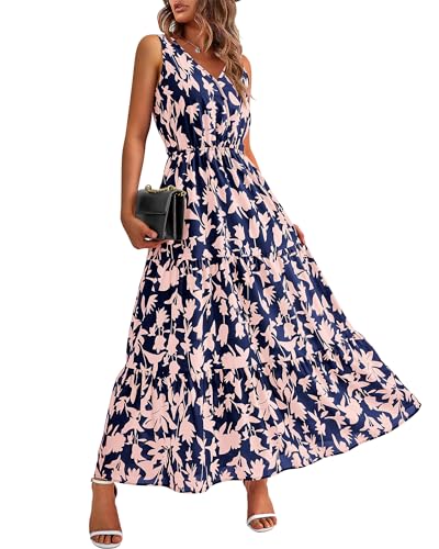 BTFBM Formal Wedding Guest Dresses for Women Long Beach Dress Boho Dresses for Vacation(Navy Pink Flower,XX-Large)