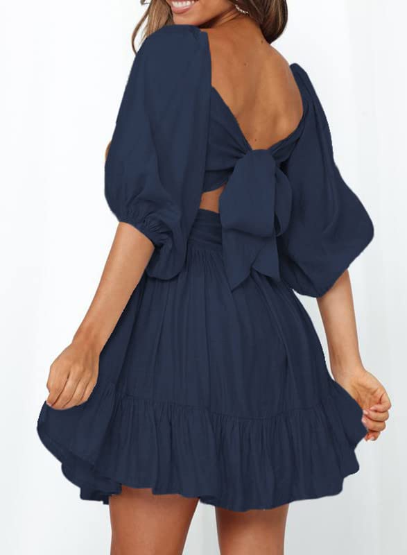 Dokotoo Womens Square Neck Summer Dresses Shirred Elastic Waist Tie Backless Sexy Dress Puff Sleeve Ruffle A-Line Casual Blue Mini Dress for Wedding Guest Small