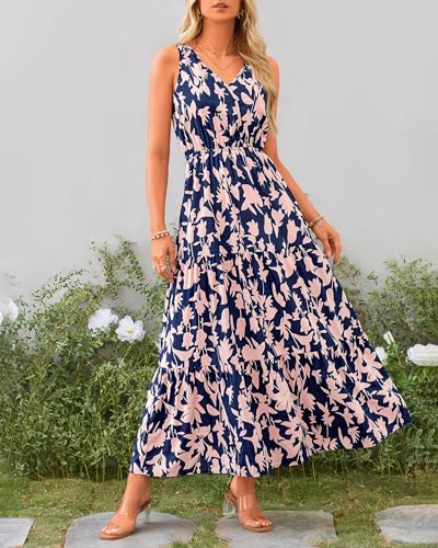 BTFBM Formal Wedding Guest Dresses for Women Long Beach Dress Boho Dresses for Vacation(Navy Pink Flower,XX-Large)