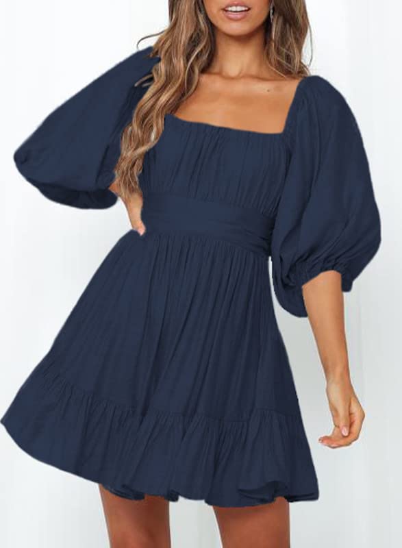 Dokotoo Womens Square Neck Summer Dresses Shirred Elastic Waist Tie Backless Sexy Dress Puff Sleeve Ruffle A-Line Casual Blue Mini Dress for Wedding Guest Small