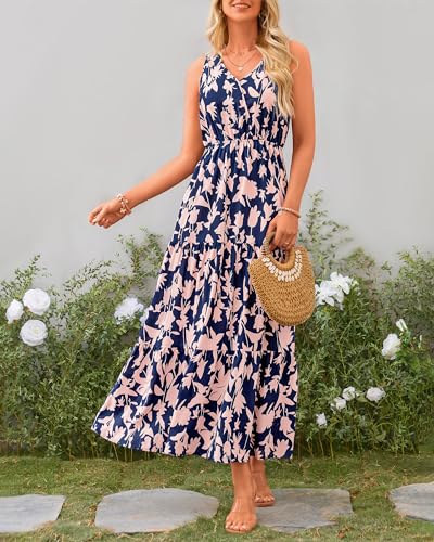 BTFBM Formal Wedding Guest Dresses for Women Long Beach Dress Boho Dresses for Vacation(Navy Pink Flower,XX-Large)