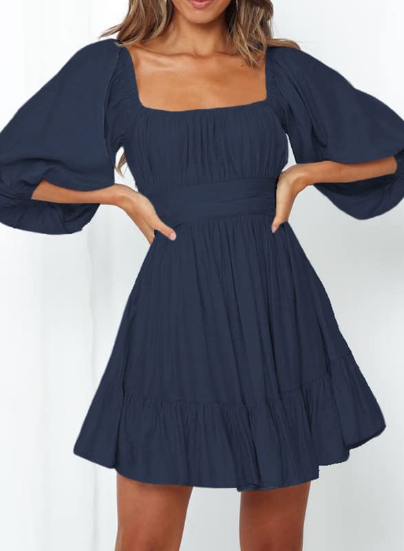Dokotoo Womens Square Neck Summer Dresses Shirred Elastic Waist Tie Backless Sexy Dress Puff Sleeve Ruffle A-Line Casual Blue Mini Dress for Wedding Guest Small