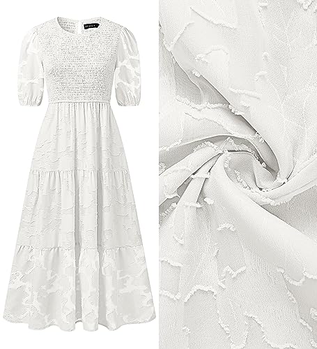 ZESICA Women's 2024 Summer Short Puff Sleeve Crewneck Smocked Floral Lace Flowy A Line Tiered Maxi Dresses,White,X-Large