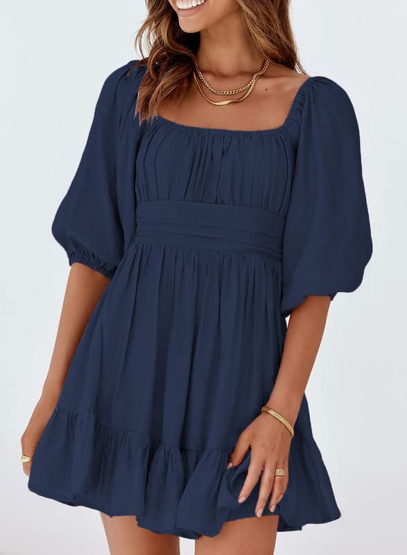 Dokotoo Womens Square Neck Summer Dresses Shirred Elastic Waist Tie Backless Sexy Dress Puff Sleeve Ruffle A-Line Casual Blue Mini Dress for Wedding Guest Small