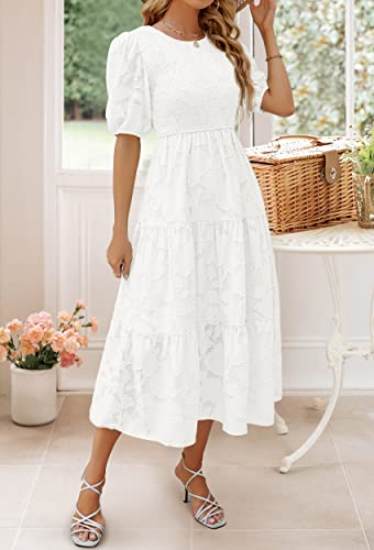 ZESICA Women's 2024 Summer Short Puff Sleeve Crewneck Smocked Floral Lace Flowy A Line Tiered Maxi Dresses,White,X-Large