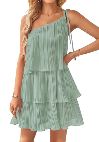 ZESICA Women's 2024 Boho Summer One Shoulder Sleeveless Ruffle Tiered Layered Chiffon Pleated A Line Flowy Mini Dress,Sage,Small
