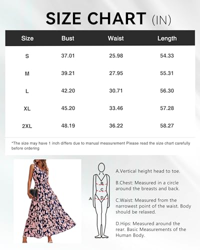 BTFBM Formal Wedding Guest Dresses for Women Long Beach Dress Boho Dresses for Vacation(Navy Pink Flower,XX-Large)