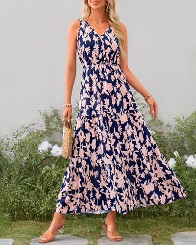 BTFBM Formal Wedding Guest Dresses for Women Long Beach Dress Boho Dresses for Vacation(Navy Pink Flower,XX-Large)