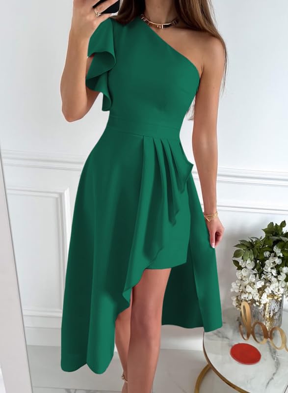 Dokotoo Womens Dresses for Wedding Guest One Shoulder Sleeveless Bodycon Midi Dresses Hi-lo Irregular Hem Elegant Empire Waist Party Club Night Cocktail Dresses Green Medium