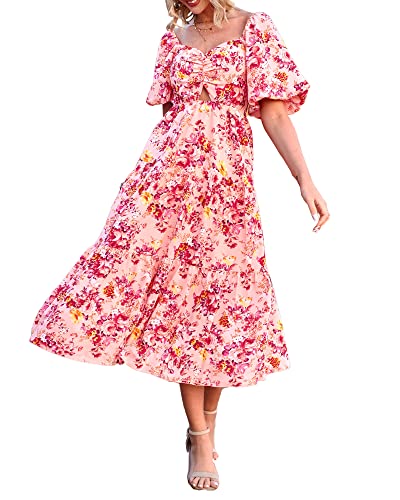BTFBM Women Summer Dresses 2024 Casual Flowy Beach Square Neck Puff Short Sleeve Smocked Back Boho Floral Long Maxi Dress(Floral Pink Red, XX-Large)