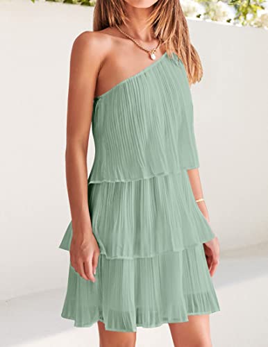 ZESICA Women's 2024 Boho Summer One Shoulder Sleeveless Ruffle Tiered Layered Chiffon Pleated A Line Flowy Mini Dress,Sage,Small