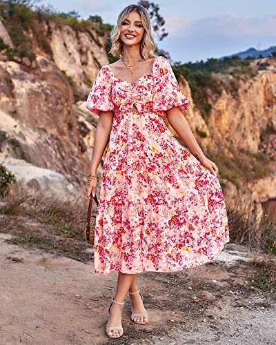 BTFBM Women Summer Dresses 2024 Casual Flowy Beach Square Neck Puff Short Sleeve Smocked Back Boho Floral Long Maxi Dress(Floral Pink Red, XX-Large)