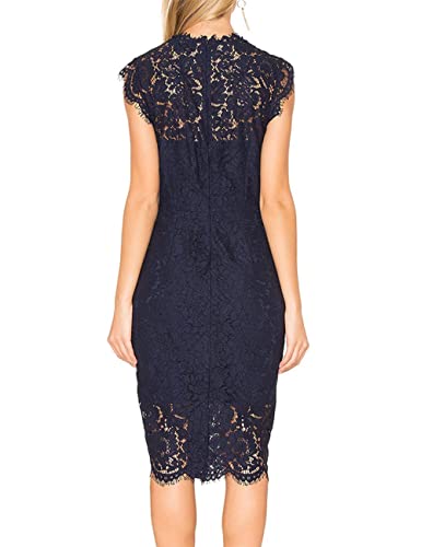 MEROKEETY Women's 2024 Lace Floral Midi Dresses Classic Elegant Party Dinner Photoshoot Dress, Navy, Large