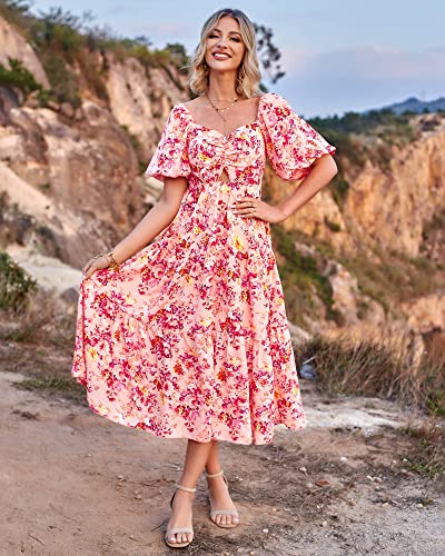 BTFBM Women Summer Dresses 2024 Casual Flowy Beach Square Neck Puff Short Sleeve Smocked Back Boho Floral Long Maxi Dress(Floral Pink Red, XX-Large)