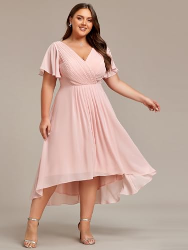 Ever-Pretty A Line Ruched V Neck Chiffon Short Sleeves Knee Length Plus Size Wedding Guest Dresses for Curvy Women Pink US24