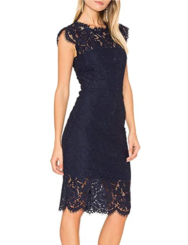 MEROKEETY Women's 2024 Lace Floral Midi Dresses Classic Elegant Party Dinner Photoshoot Dress, Navy, Large