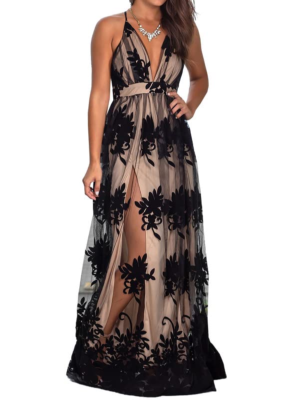 Dokotoo Deep V-Neck Backless Embroidered Mesh Maxi Dress - Sexy Plunging Spaghetti Straps for Evening Party, Prom, Wedding Guest