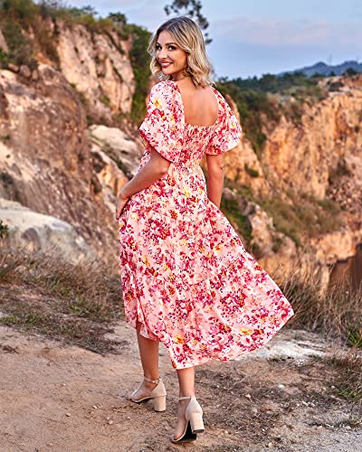 BTFBM Women Summer Dresses 2024 Casual Flowy Beach Square Neck Puff Short Sleeve Smocked Back Boho Floral Long Maxi Dress(Floral Pink Red, XX-Large)