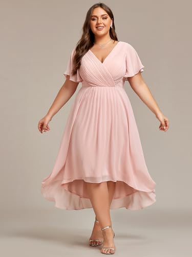 Ever-Pretty A Line Ruched V Neck Chiffon Short Sleeves Knee Length Plus Size Wedding Guest Dresses for Curvy Women Pink US24