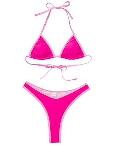 SUUKSESS Women Sexy Thong String Two Piece Bikini Sets Triangle Cheeky Halter Swimsuits Color Block Bathing Suits(Pink Color Block,M)