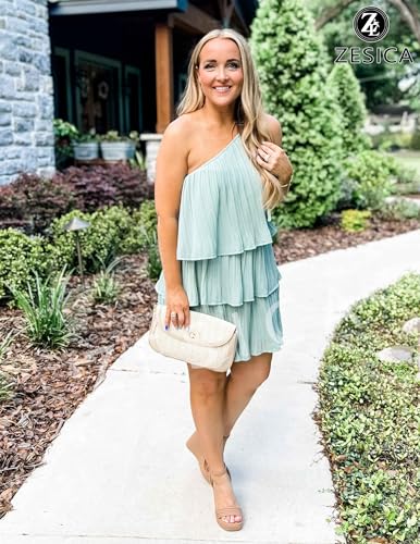 ZESICA Women's 2024 Boho Summer One Shoulder Sleeveless Ruffle Tiered Layered Chiffon Pleated A Line Flowy Mini Dress,Sage,Small