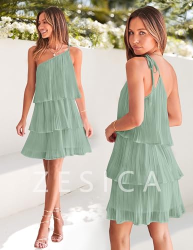 ZESICA Women's 2024 Boho Summer One Shoulder Sleeveless Ruffle Tiered Layered Chiffon Pleated A Line Flowy Mini Dress,Sage,Small