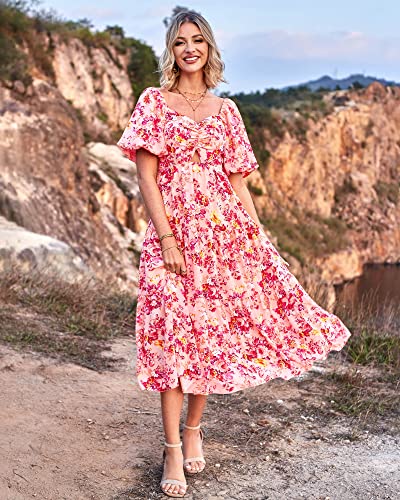 BTFBM Women Summer Dresses 2024 Casual Flowy Beach Square Neck Puff Short Sleeve Smocked Back Boho Floral Long Maxi Dress(Floral Pink Red, XX-Large)