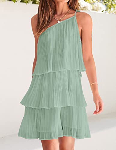 ZESICA Women's 2024 Boho Summer One Shoulder Sleeveless Ruffle Tiered Layered Chiffon Pleated A Line Flowy Mini Dress,Sage,Small