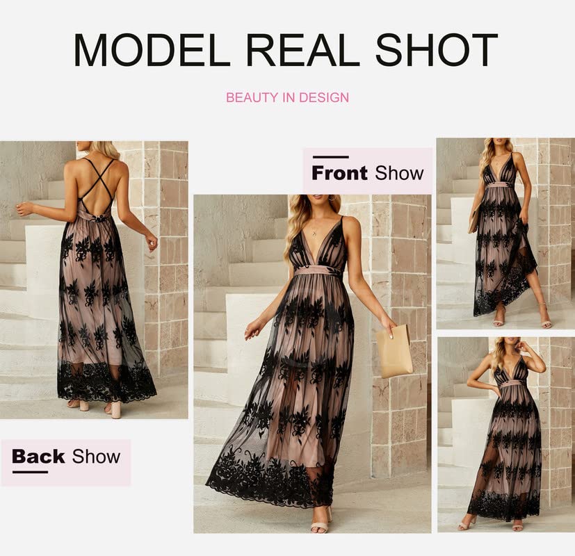 Dokotoo Deep V-Neck Backless Embroidered Mesh Maxi Dress - Sexy Plunging Spaghetti Straps for Evening Party, Prom, Wedding Guest