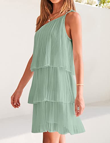 ZESICA Women's 2024 Boho Summer One Shoulder Sleeveless Ruffle Tiered Layered Chiffon Pleated A Line Flowy Mini Dress,Sage,Small