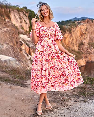 BTFBM Women Summer Dresses 2024 Casual Flowy Beach Square Neck Puff Short Sleeve Smocked Back Boho Floral Long Maxi Dress(Floral Pink Red, XX-Large)