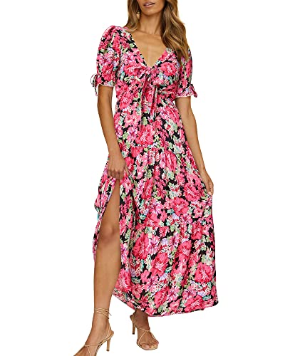 BTFBM Women Boho Floral Maxi Dress Flowy Casual V Neck Cutout Short Sleeve Wedding Guest Holiday Long Beach Dresses(Floral Black Red, Medium)