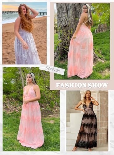 Dokotoo Deep V-Neck Backless Embroidered Mesh Maxi Dress - Sexy Plunging Spaghetti Straps for Evening Party, Prom, Wedding Guest