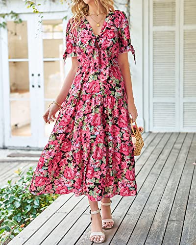 BTFBM Women Boho Floral Maxi Dress Flowy Casual V Neck Cutout Short Sleeve Wedding Guest Holiday Long Beach Dresses(Floral Black Red, Medium)