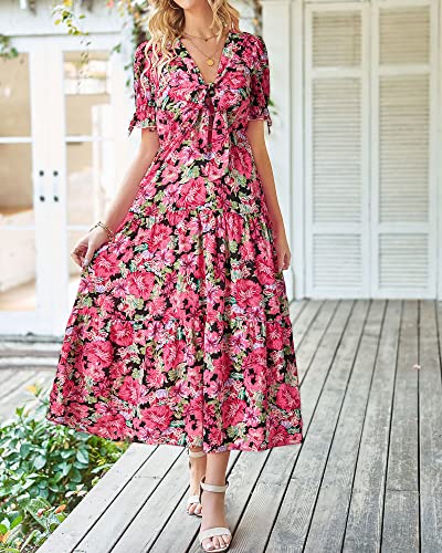 BTFBM Women Boho Floral Maxi Dress Flowy Casual V Neck Cutout Short Sleeve Wedding Guest Holiday Long Beach Dresses(Floral Black Red, Medium)