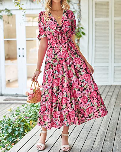 BTFBM Women Boho Floral Maxi Dress Flowy Casual V Neck Cutout Short Sleeve Wedding Guest Holiday Long Beach Dresses(Floral Black Red, Medium)