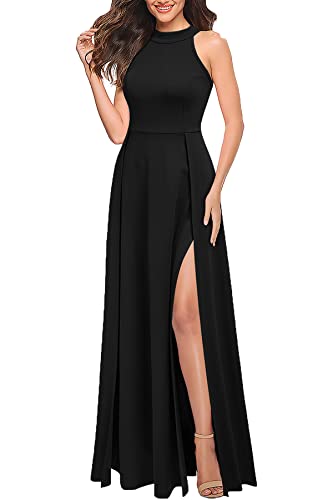 MUSHARE Women's Halter Neck Sexy Split Cocktail Party Maxi Long Formal Dress Black