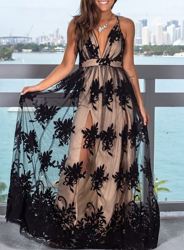 Dokotoo Deep V-Neck Backless Embroidered Mesh Maxi Dress - Sexy Plunging Spaghetti Straps for Evening Party, Prom, Wedding Guest