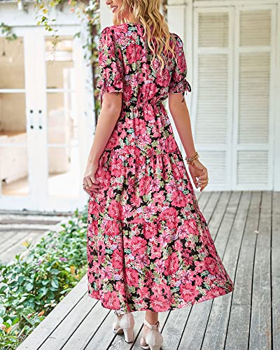 BTFBM Women Boho Floral Maxi Dress Flowy Casual V Neck Cutout Short Sleeve Wedding Guest Holiday Long Beach Dresses(Floral Black Red, Medium)