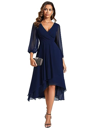 Ever-Pretty Women's Chiffon Spring V Neck Long Sleeves Pleated A-Line Midi Length Wedding Guest Dress Navy Blue US16