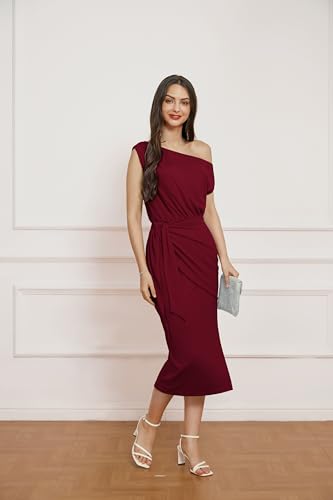 GRACE KARIN Formal Dress for Women 2024 Trendys One Shoulder Wedding Guest Dress Wine Red XL
