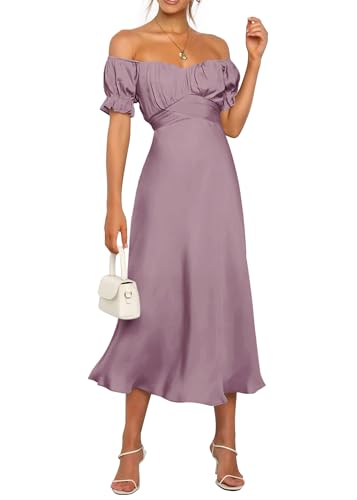 KIRUNDO Women's 2024 Summer Satin Midi Dress Off Shoulder Wrap Ruched Wedding Guest Party Cocktail Formal Prom Dresses(Pink, Large)