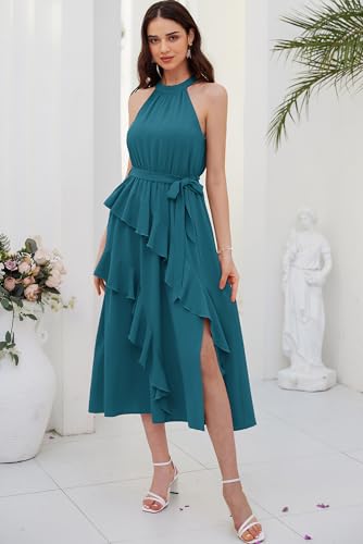 Women's 2024 Summer Halter Maxi Dress Hawaiian Beach Halter Neck Formal Long Wedding Guest Dresses Peacock Blue M