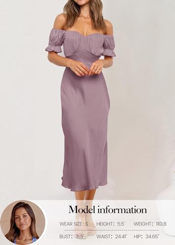 KIRUNDO Women's 2024 Summer Satin Midi Dress Off Shoulder Wrap Ruched Wedding Guest Party Cocktail Formal Prom Dresses(Pink, Large)
