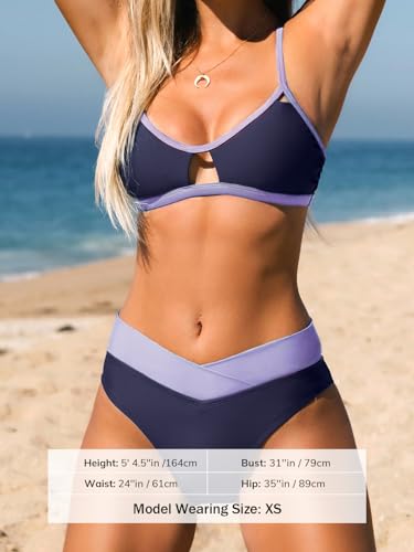 CUPSHE Bikini Set for Women Two Piece Swimsuits High Waisted Cut Out Scoop Neck V Front Bottom,M Purple/Blue