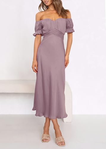 KIRUNDO Women's 2024 Summer Satin Midi Dress Off Shoulder Wrap Ruched Wedding Guest Party Cocktail Formal Prom Dresses(Pink, Large)