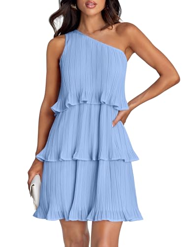 ZESICA Women's 2024 Summer Sleeveless Mini Dress Boho One Shoulder Ruffle Tiered Layered Chiffon Flowy A Line Dresses,LightBlue,Large